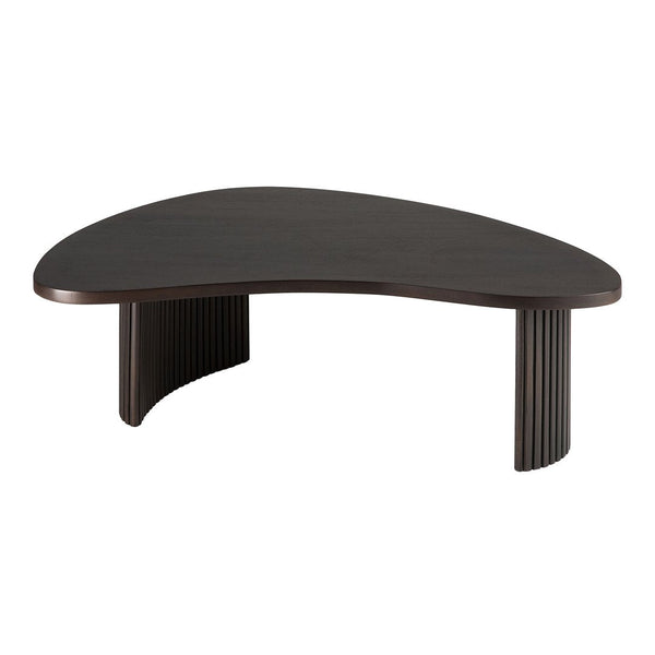 Dark walnut-colored modern coffee table with a unique curved shape and subtle ribbed detail on the legs.