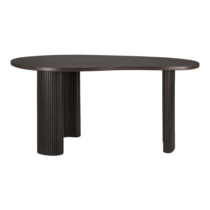 Dark wood table with a unique, curved shape and textured, ribbed legs, perfect for modern decor.