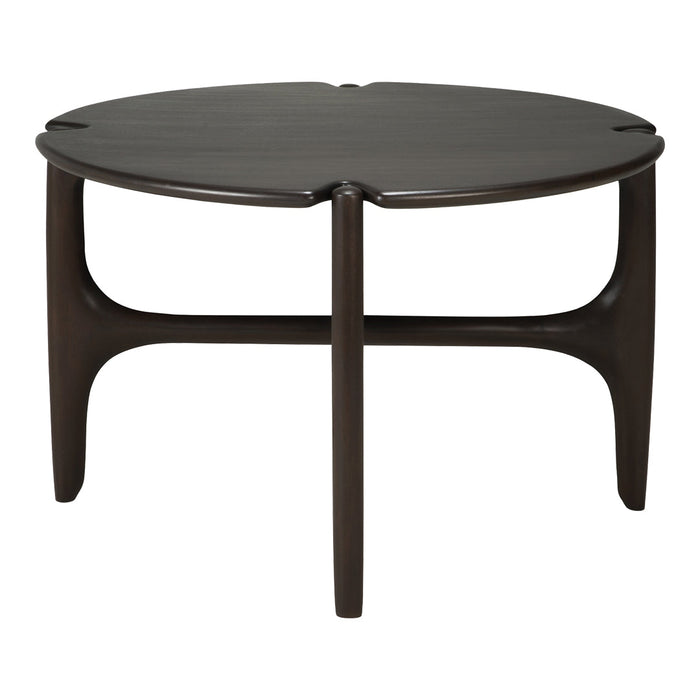 Dark wood round coffee table with a sleek, modern design and subtle curved legs. Perfect for contemporary decor.