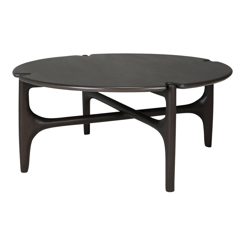 Round black coffee table with a smooth surface and sleek, modern design featuring simple geometric patterns.