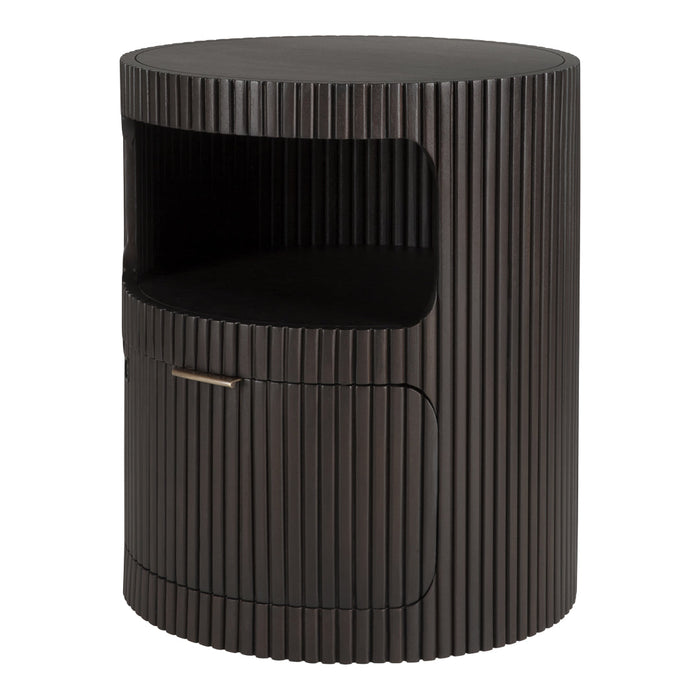 Black ribbed nightstand with a round shape, featuring vertical lines and a sleek drawer. Perfect for modern decor.
