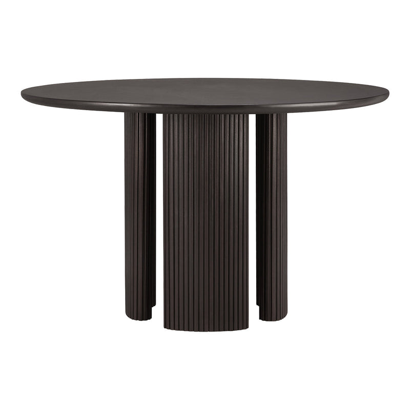 Elegant round table featuring a sleek black finish and vertical ribbed pattern on the base. Perfect for modern decor.