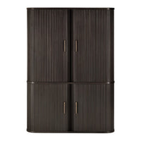Black ribbed cabinet with a sleek, textured finish and subtle metallic accents. Ideal for modern decor.