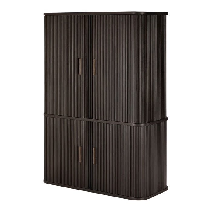 Dark brown cabinet with a vertical ribbed texture and bronze handles, offering a modern and stylish design.
