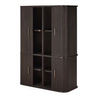 Dark brown cabinet with vertical ribbed texture and gold handles, featuring multiple open and closed storage sections.