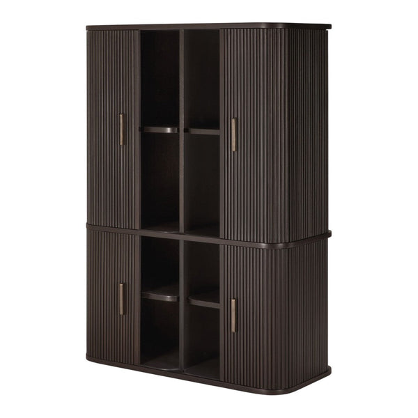 Dark brown cabinet with vertical ribbed texture and gold handles, featuring multiple open and closed storage sections.