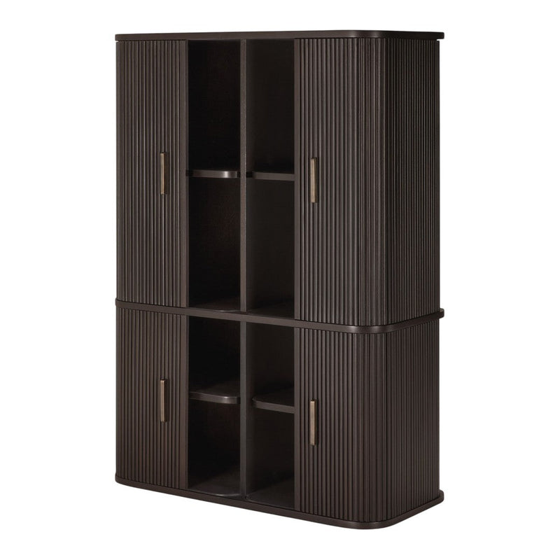 Dark brown cabinet with vertical ribbed texture and gold handles, featuring multiple open and closed storage sections.