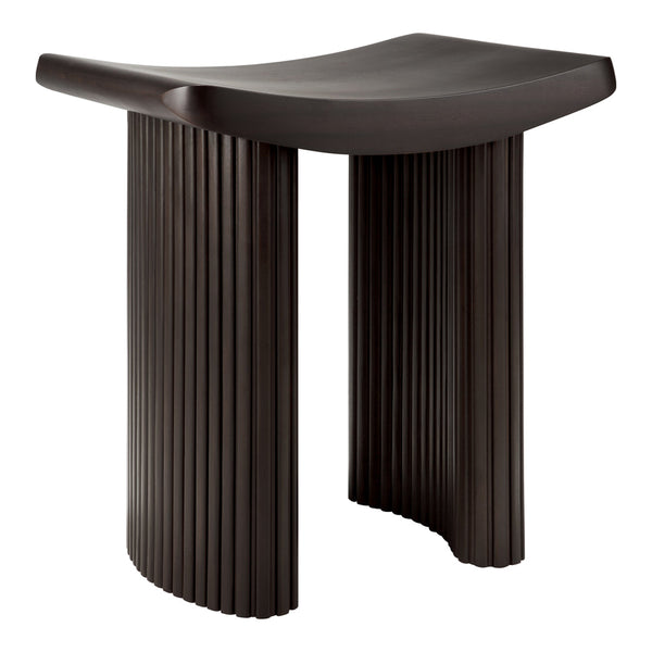 "Dark brown curved stool with ribbed texture, showcasing a modern and sleek design."