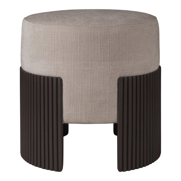 Neutral beige upholstered round stool with dark brown ribbed accents. Modern design for versatile decor.