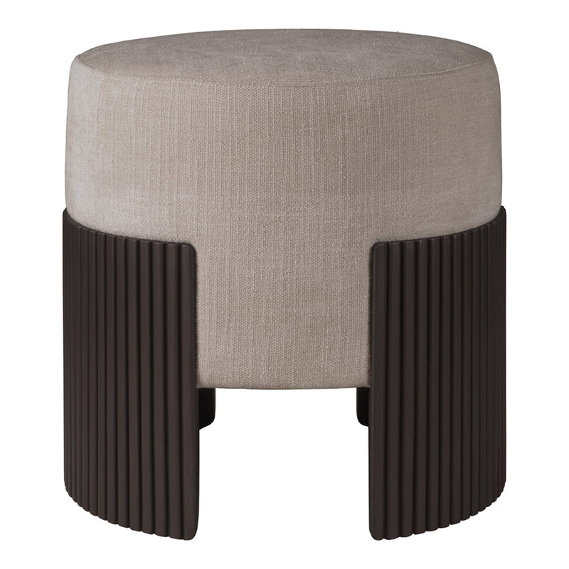 Neutral beige upholstered round stool with dark brown ribbed accents. Modern design for versatile decor.
