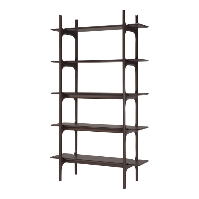 Modern brown wooden bookshelf with sleek lines and a minimalist design. Perfect for adding elegance to any space.