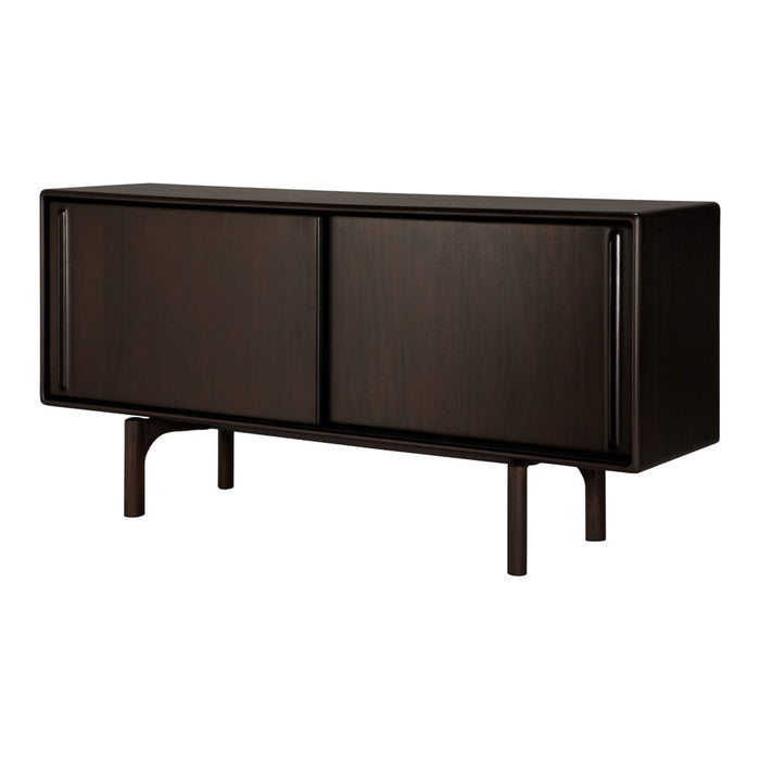 Dark wood TV console with sleek lines and minimalist design, featuring a deep brown finish and smooth matte texture.