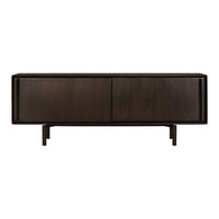 Dark brown wooden sideboard with a smooth finish and sleek design, featuring two cabinet doors and slender legs.