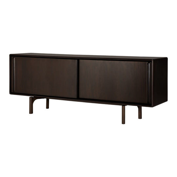 Dark brown wooden TV stand with a smooth finish and minimalist design. Perfect for modern decor.