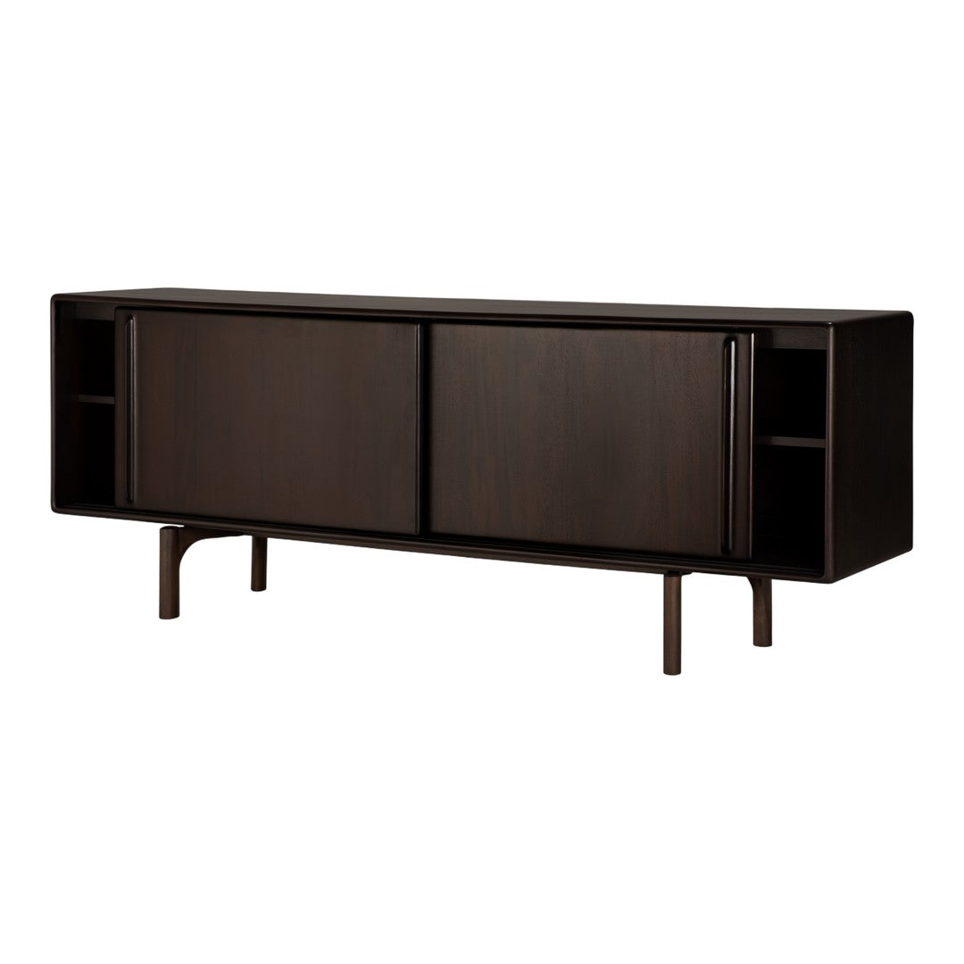 Mid-century modern console cabinet in deep espresso brown with sleek lines and minimalist design.