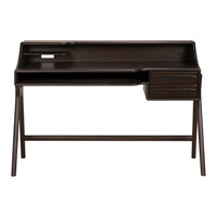 Dark wood desk with a smooth finish and minimalist design, featuring subtle vertical patterns on the drawers.