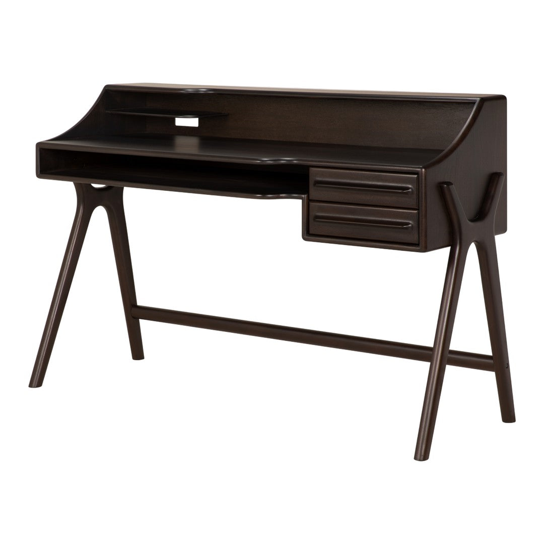 Modern dark wood desk with sleek lines and a glossy finish, featuring natural wood grain patterns and minimalist design.