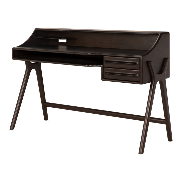Modern dark wood desk with sleek lines and a glossy finish, featuring natural wood grain patterns and minimalist design.
