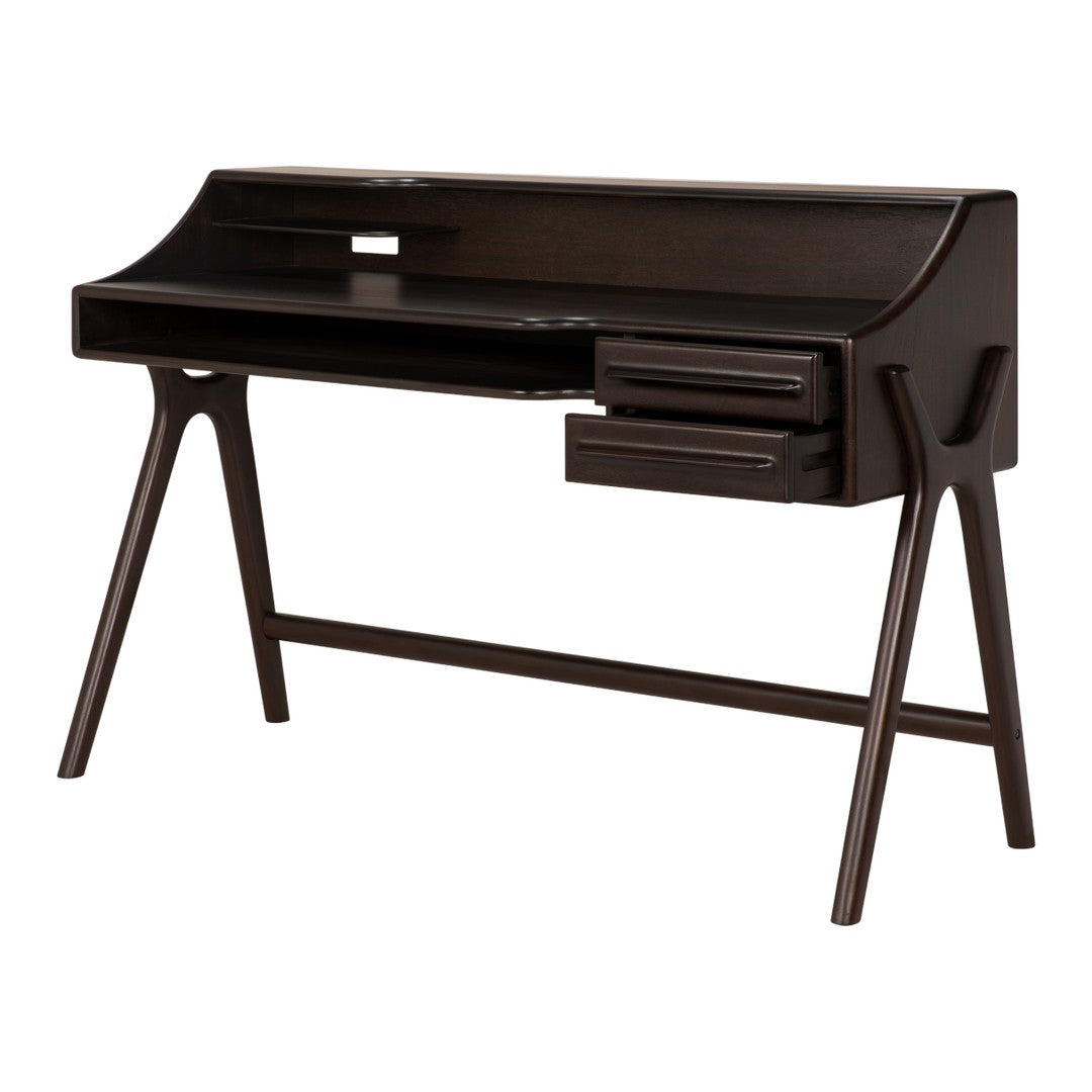 Dark brown wooden desk with smooth surfaces and sleek, modern lines, featuring two minimalist drawers.