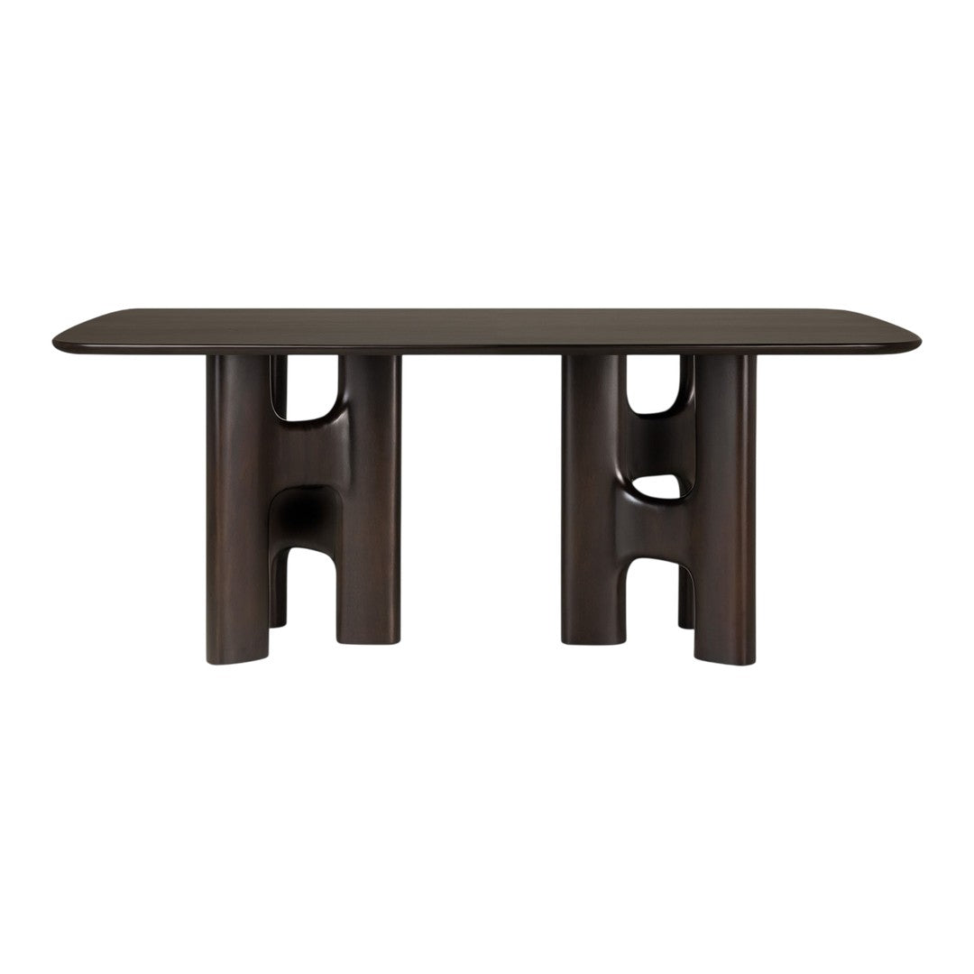 Stylish dark brown table with smooth edges and unique cutout patterns on the legs for a modern look.