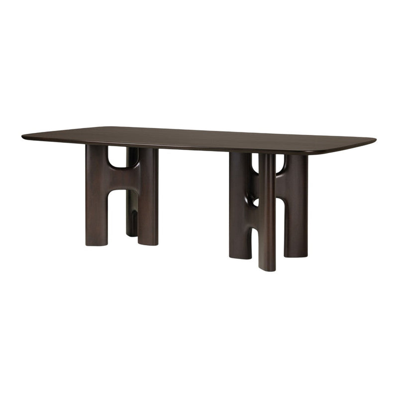 Modern rectangular dining table in sleek dark brown finish with unique cut-out leg design. Minimalist and stylish.