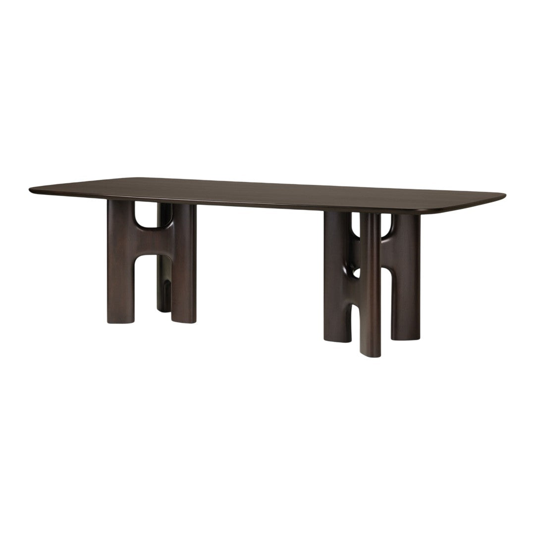 Dark brown, sleek rectangular table with geometric leg design; modern minimalist style, smooth finish.