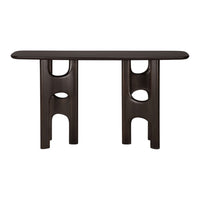 Sleek dark wood console table with unique cut-out patterns and a smooth rounded top. Ideal for modern decor.
