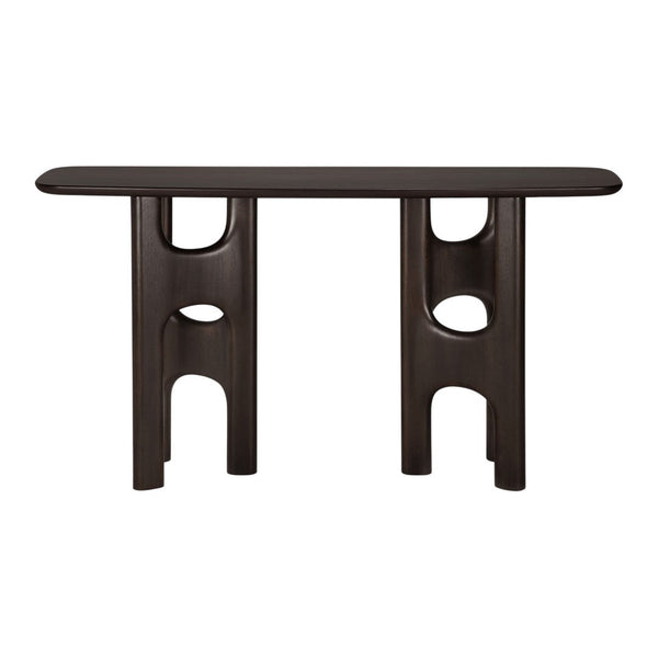 Sleek dark wood console table with unique cut-out patterns and a smooth rounded top. Ideal for modern decor.