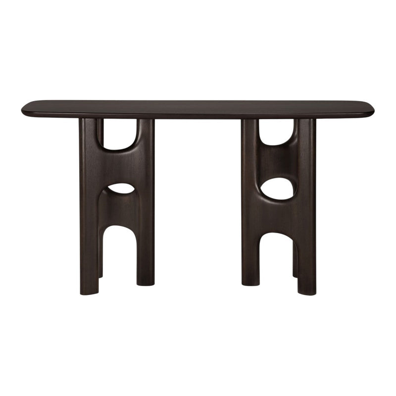 Sleek dark wood console table with unique cut-out patterns and a smooth rounded top. Ideal for modern decor.
