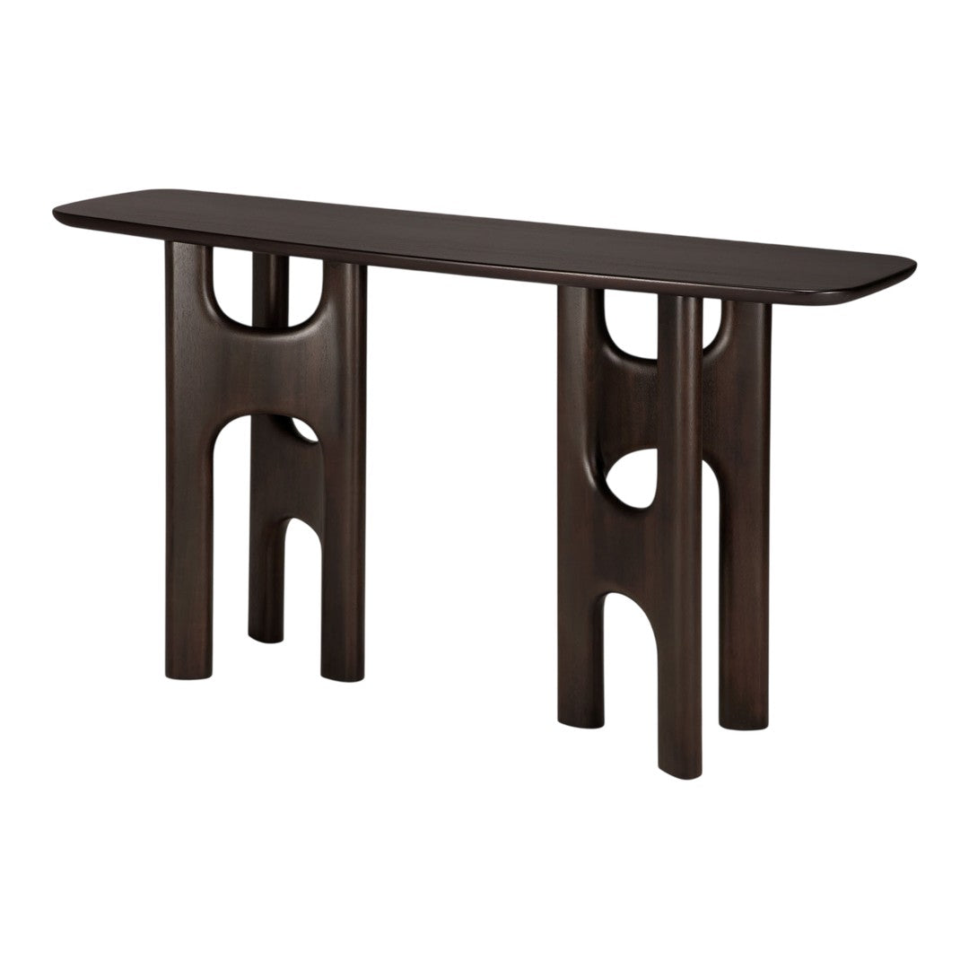 Dark brown console table with a sleek, minimalist design and unique cutout patterns on the legs.