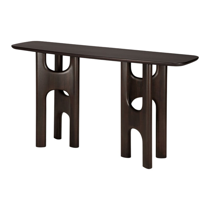 Dark brown console table with a sleek, minimalist design and unique cutout patterns on the legs.
