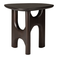 Brown wooden side table with a modern, geometric design and a smooth, matte finish.