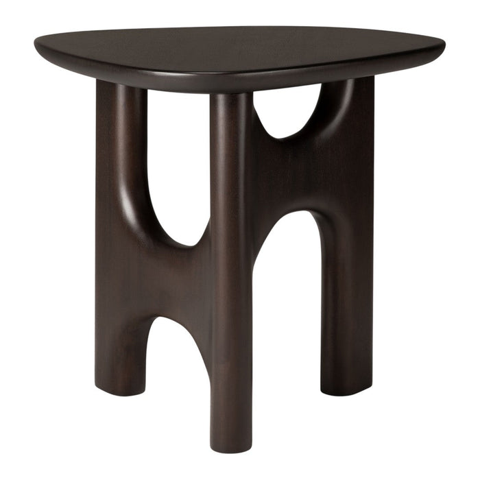 Brown wooden side table with a modern, geometric design and a smooth, matte finish.