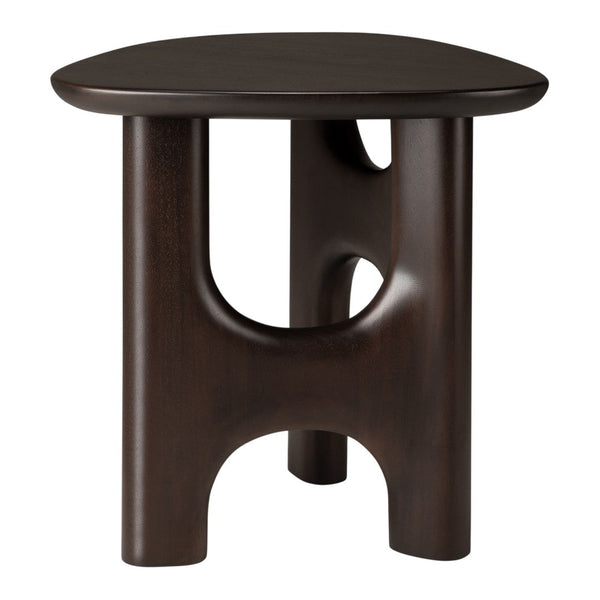 Dark wood accent table with smooth, rounded edges and unique cut-out design, adding modern elegance to any space.