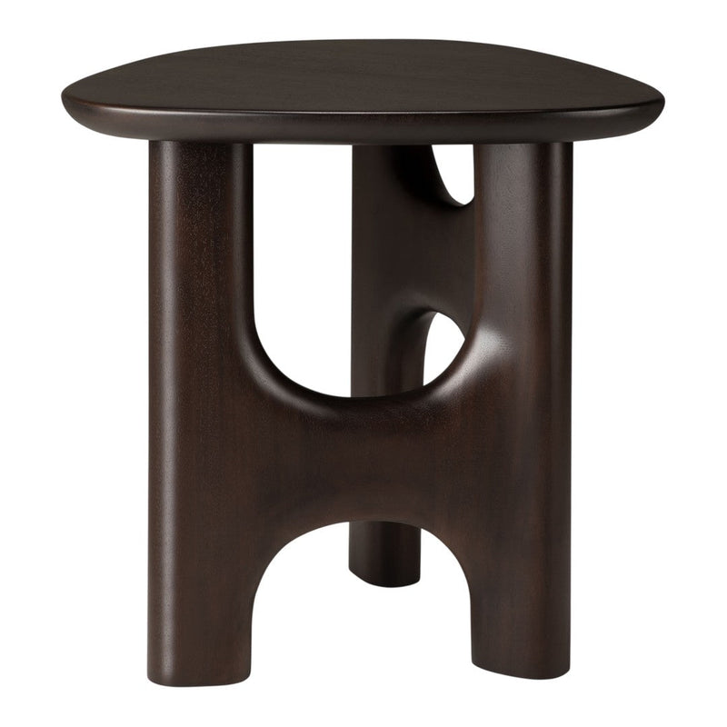 Dark wood accent table with smooth, rounded edges and unique cut-out design, adding modern elegance to any space.