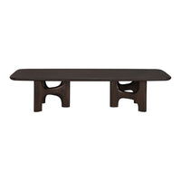Dark brown coffee table with a smooth top and unique cutout pattern on the legs, perfect for modern decor.