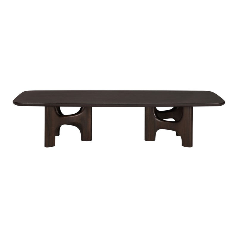 Dark brown coffee table with a smooth top and unique cutout pattern on the legs, perfect for modern decor.