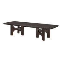 Dark brown coffee table with smooth surface and unique curved leg design. Modern, minimalist aesthetic for stylish decor.