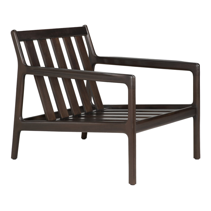 Brown wooden lounge chair with horizontal and vertical slats, showcasing a modern, minimalist design.