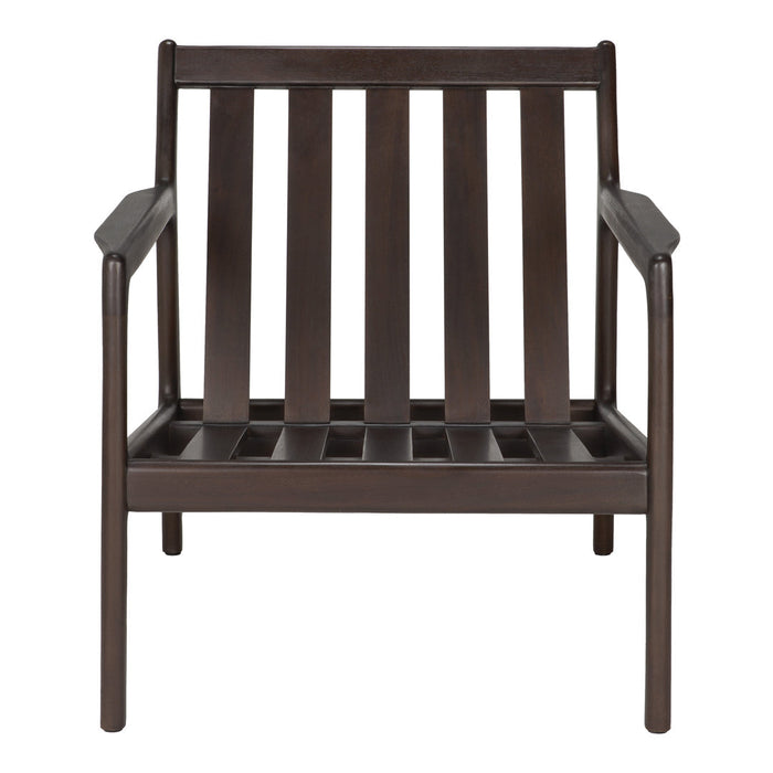 Dark brown wooden armchair with horizontal slatted back and seat design. Minimalist style accentuated by bold lines.