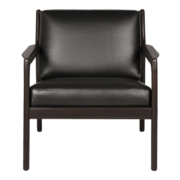 "Stylish black leather chair with a sleek dark wood frame, showcasing a modern, minimalistic design."