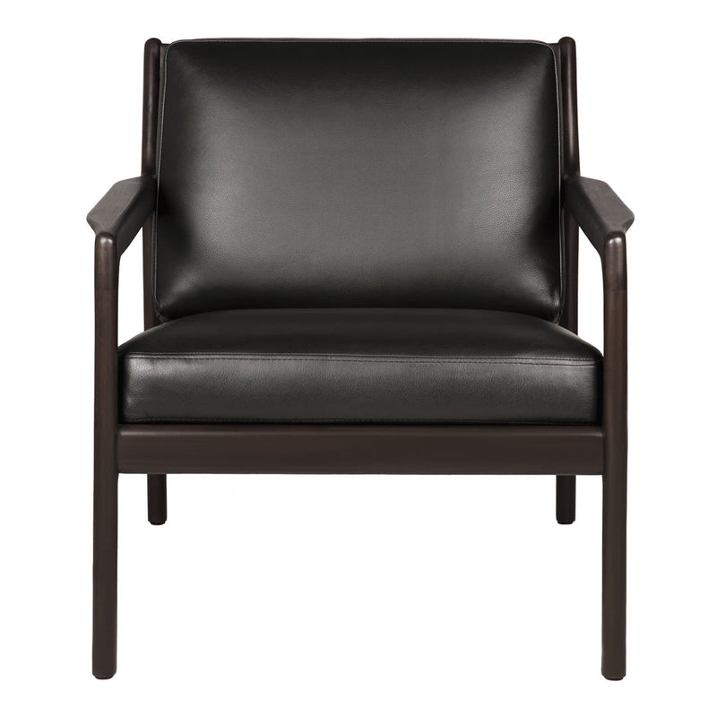 "Stylish black leather chair with a sleek dark wood frame, showcasing a modern, minimalistic design."