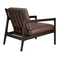 Brown upholstered chair with a dark wood frame and slatted back design, featuring a modern, minimalist aesthetic.