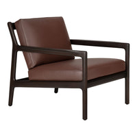 Brown leather armchair with a sleek dark wood frame, featuring a minimalist design and clean lines.