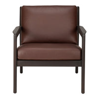 Brown leather armchair with a sleek dark frame, showcasing a minimalist design and smooth textures.