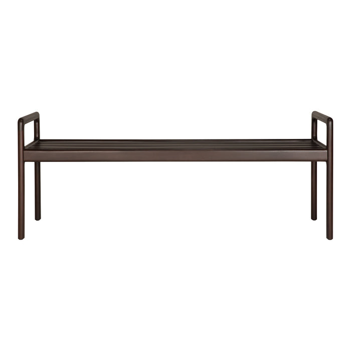 Sleek dark brown bench with minimalist design and smooth surface. Ideal for modern interiors.