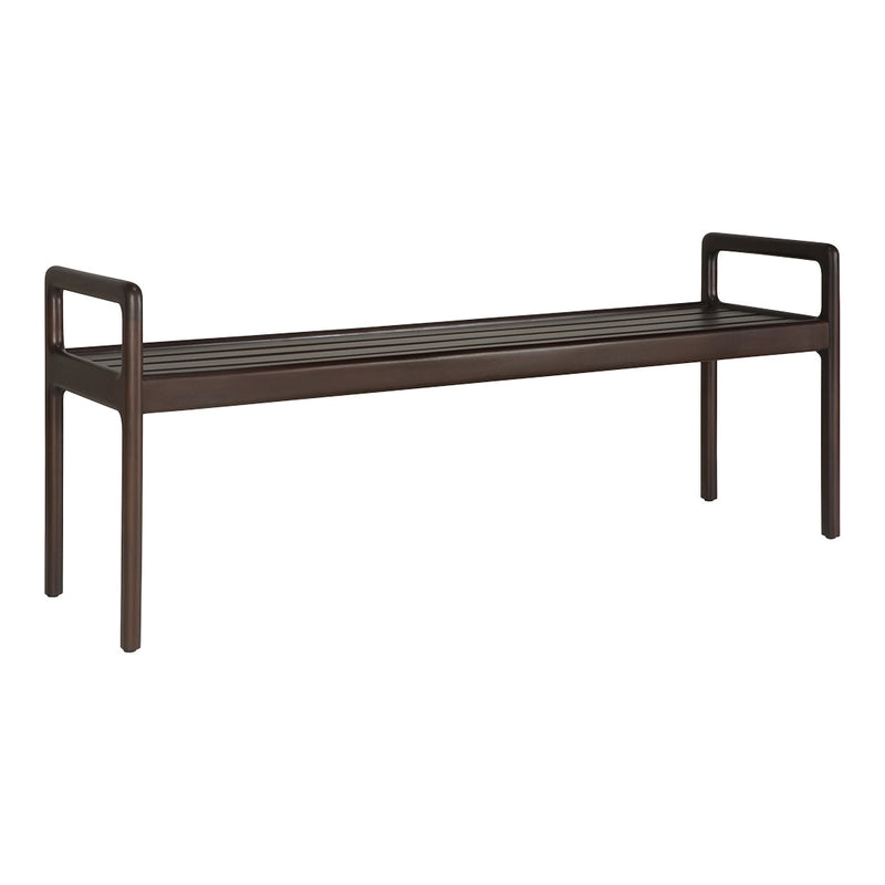 Dark brown slatted bench with minimalist design and sleek arms, perfect for modern indoor or outdoor spaces.