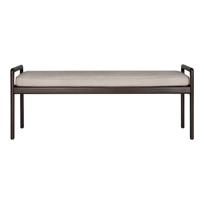 Brown metal bench with a neutral beige cushion, featuring a sleek, minimalist design. Perfect for modern decor.