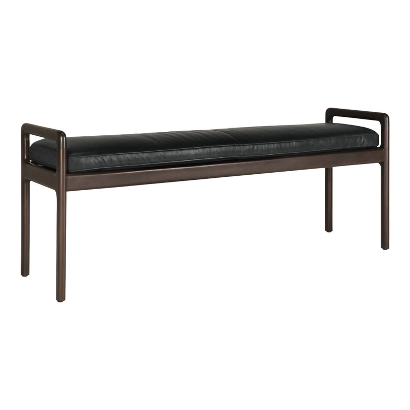 Black leather upholstered bench with a dark brown wood frame, featuring clean lines and minimalist design.