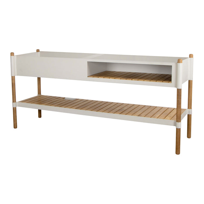 White wooden shelf with bamboo accents and slatted design, featuring a spacious top and open storage area.